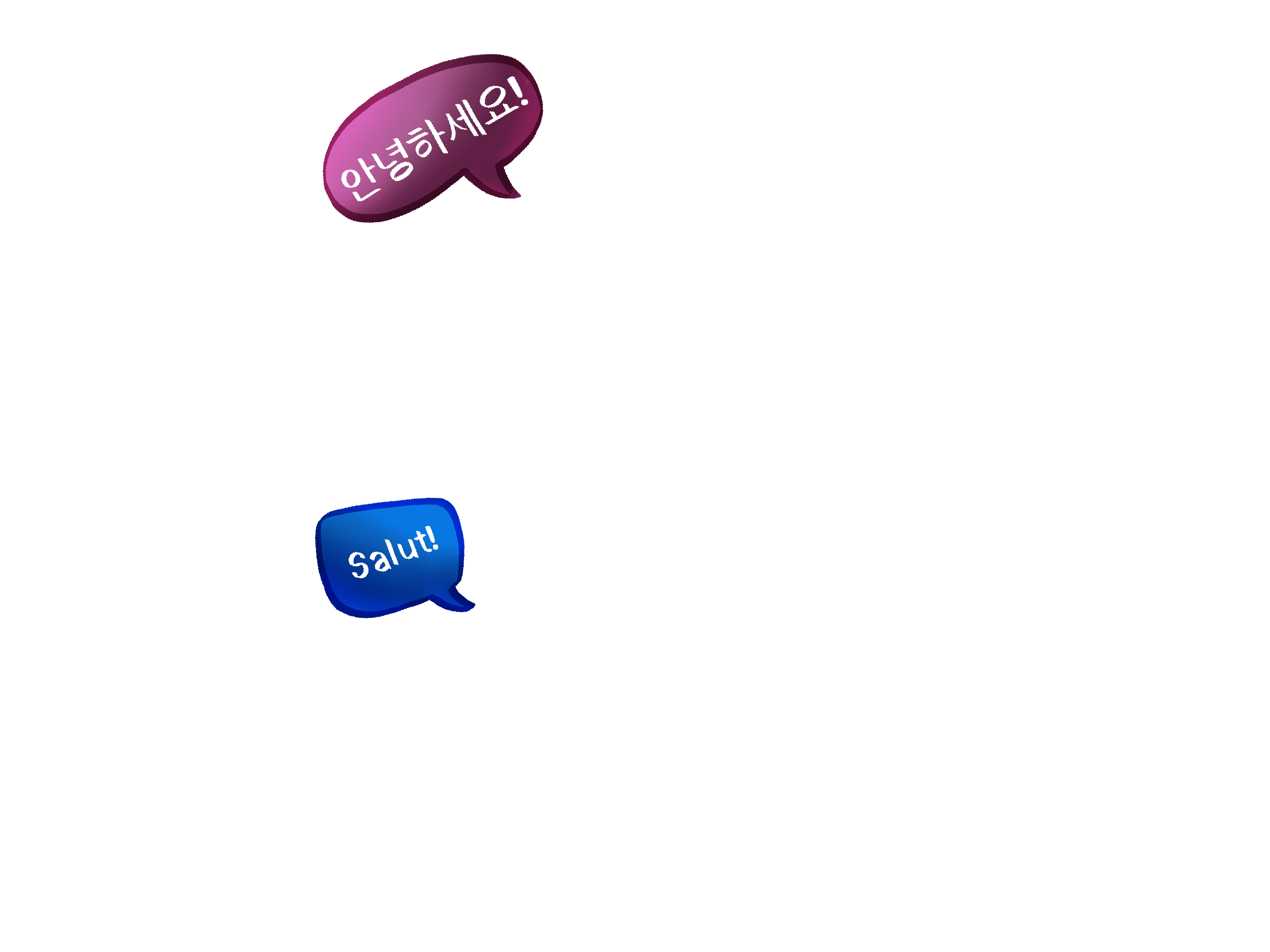 Two speech bubbles, both saying hello, one in Korean and the other in French